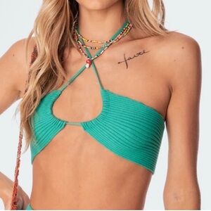 Edikted Green Ribbed halter tie Top